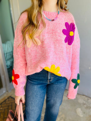 Pink Daisy Pattern Knitted Sweater