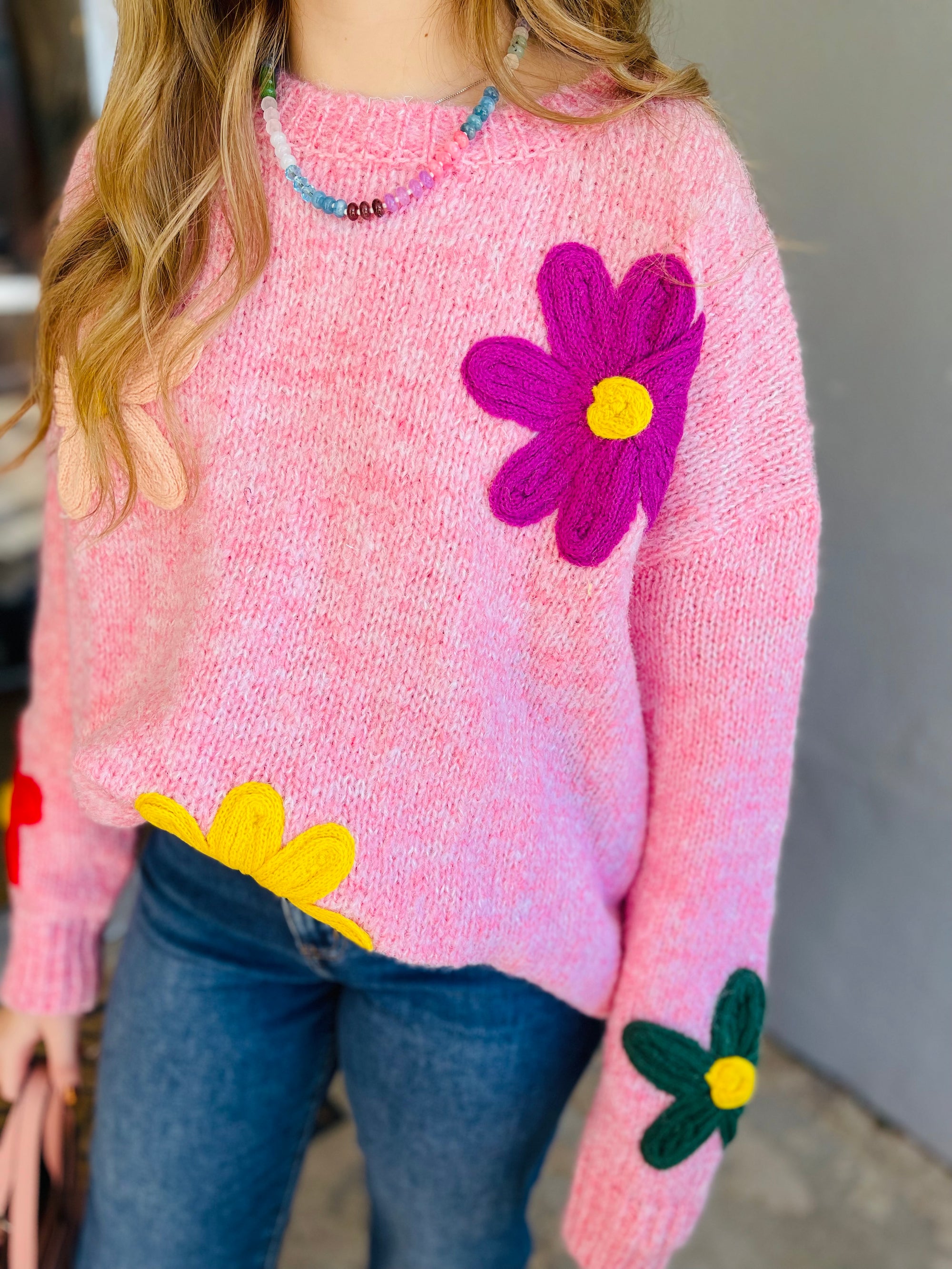 Pink Daisy Pattern Knitted Sweater