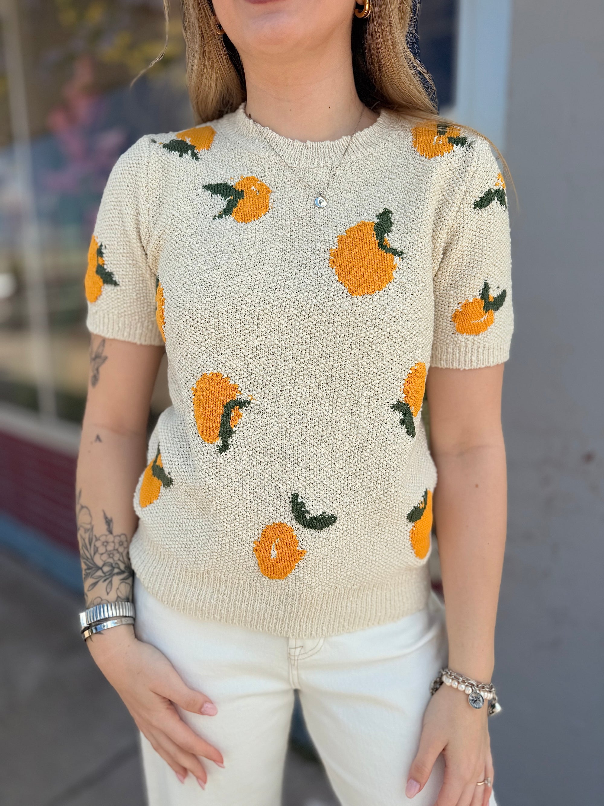 Oatmeal Lemon Knit Short Sleeve Sweater