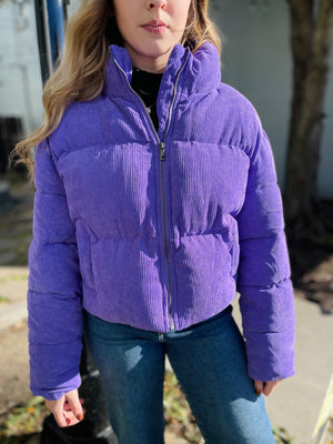 Purple Corduroy Zip Up Puffer Jacket