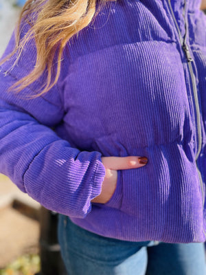 Purple Corduroy Zip Up Puffer Jacket