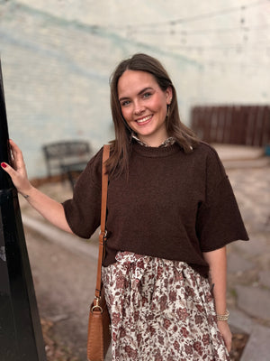 Brown Oversized Cropped Short Sleeve Sweater Top
