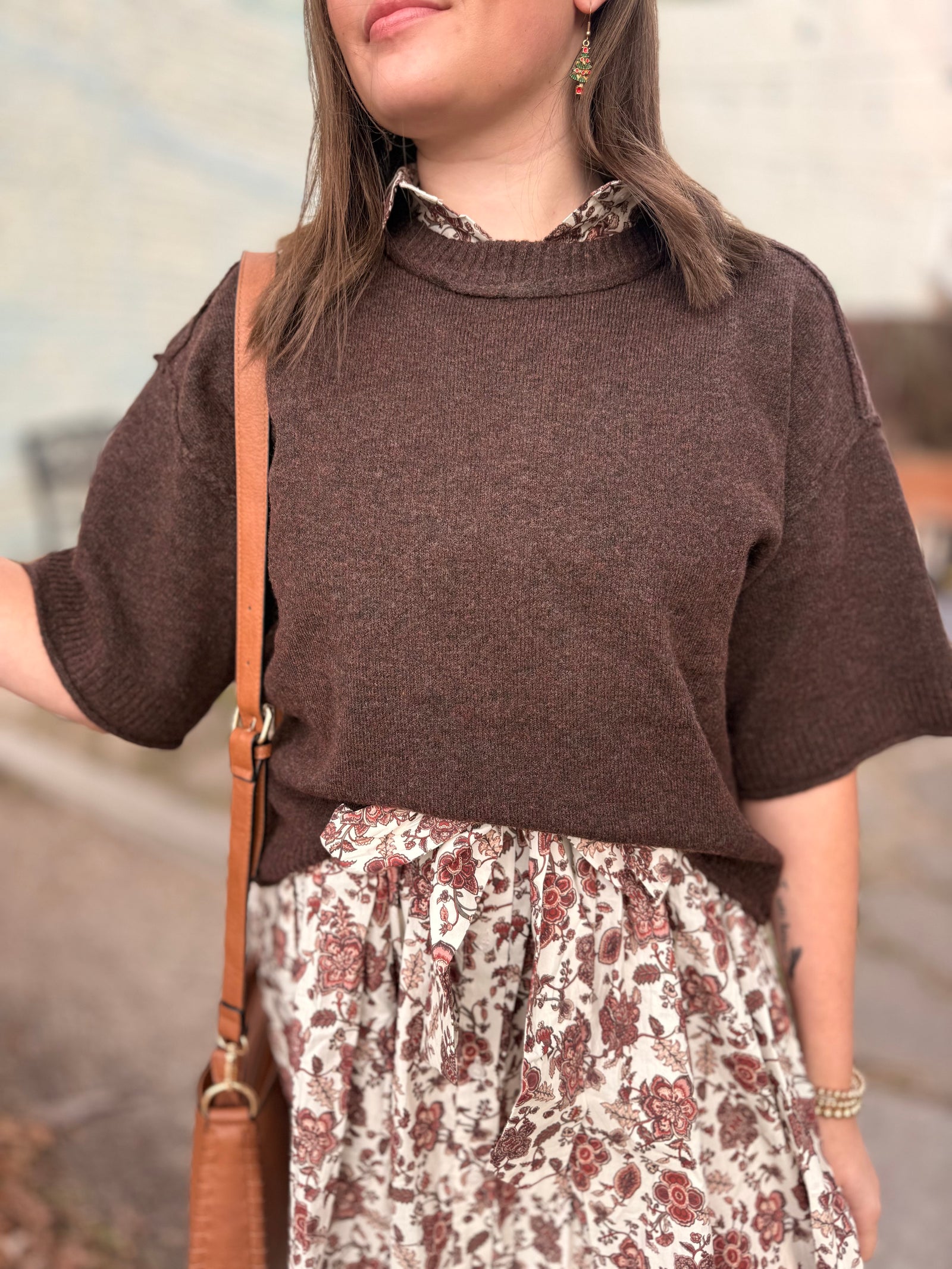Brown Oversized Cropped Short Sleeve Sweater Top