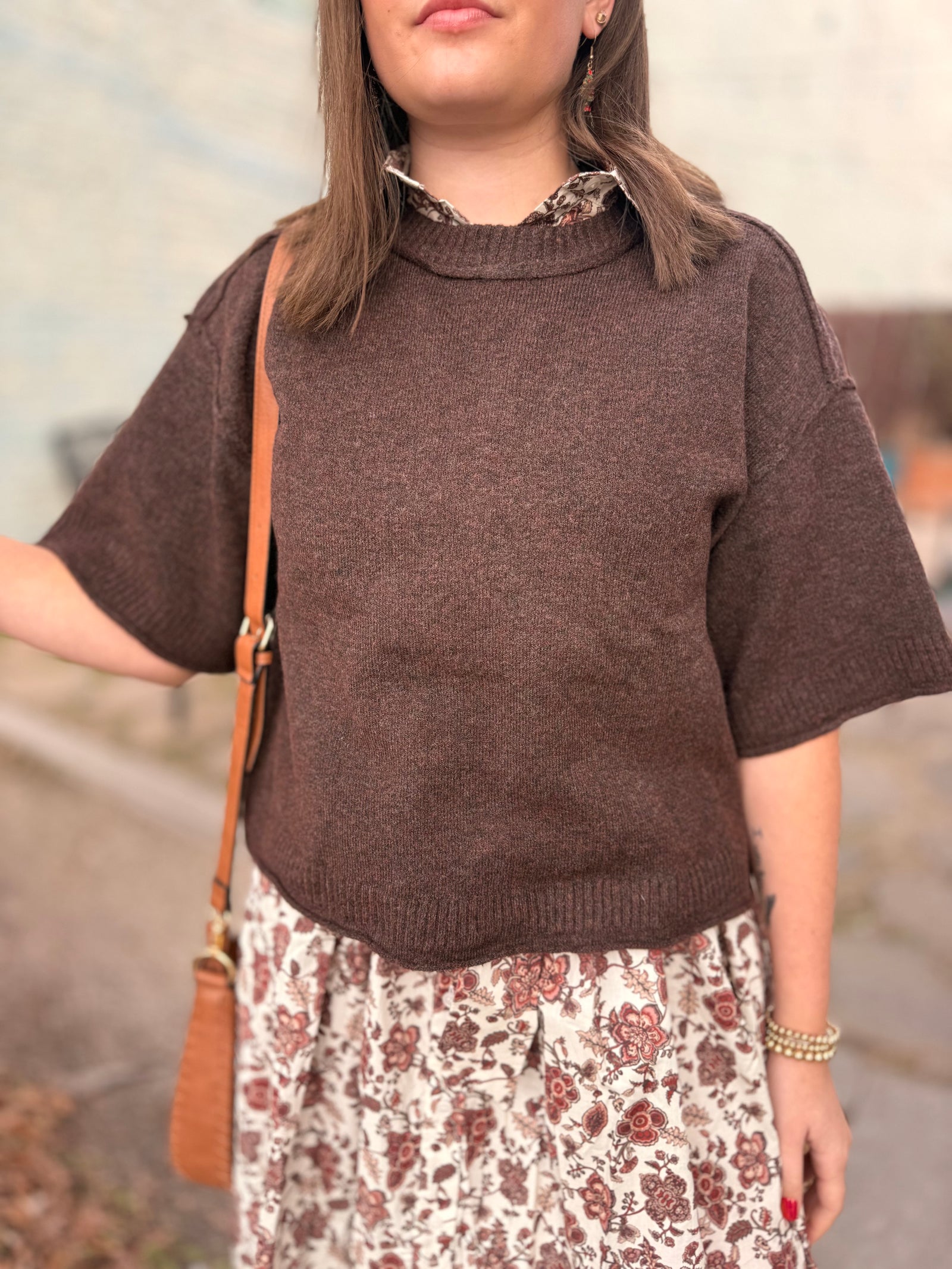 Brown Oversized Cropped Short Sleeve Sweater Top