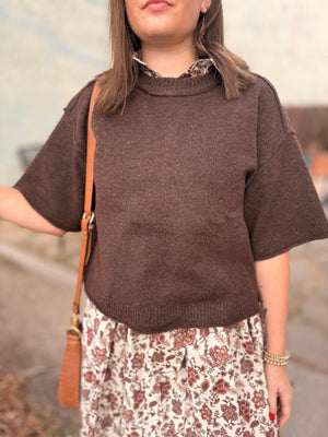 Brown Oversized Cropped Short Sleeve Sweater Top