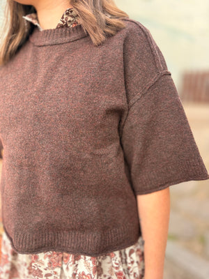 Brown Oversized Cropped Short Sleeve Sweater Top