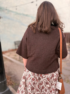 Brown Oversized Cropped Short Sleeve Sweater Top