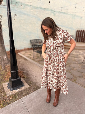 Brown Vintage Floral Button Front Dress