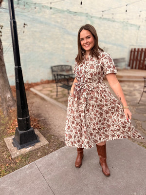 Brown Vintage Floral Button Front Dress