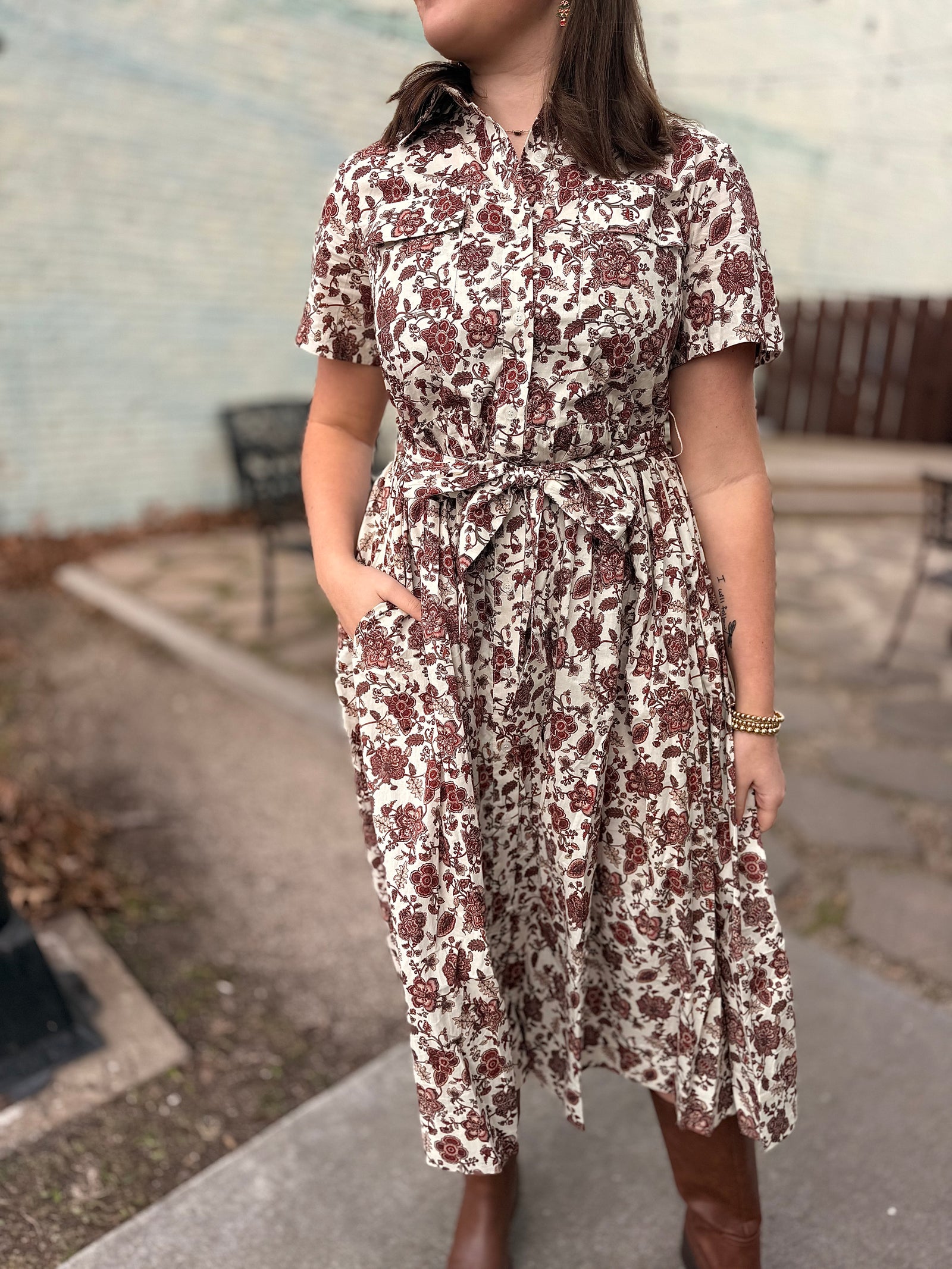 Brown Vintage Floral Button Front Dress
