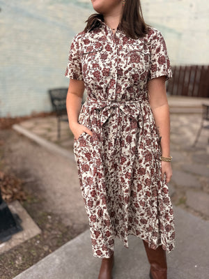 Brown Vintage Floral Button Front Dress