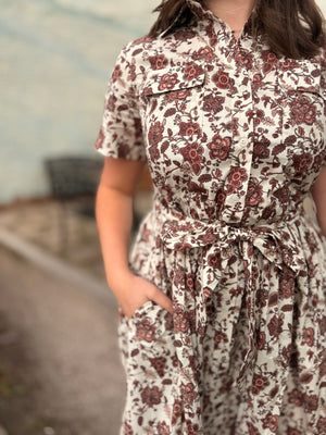 Brown Vintage Floral Button Front Dress