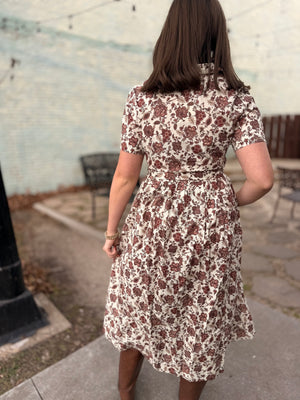 Brown Vintage Floral Button Front Dress