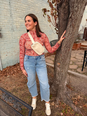 Ivory/Rose Floral Print Mock Neck Mesh Layering Top