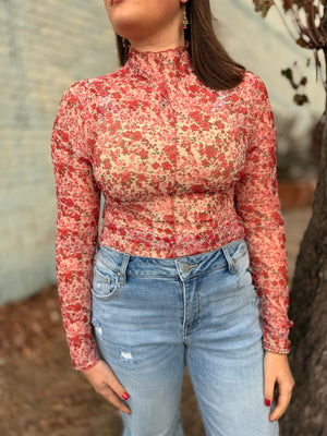Ivory/Rose Floral Print Mock Neck Mesh Layering Top