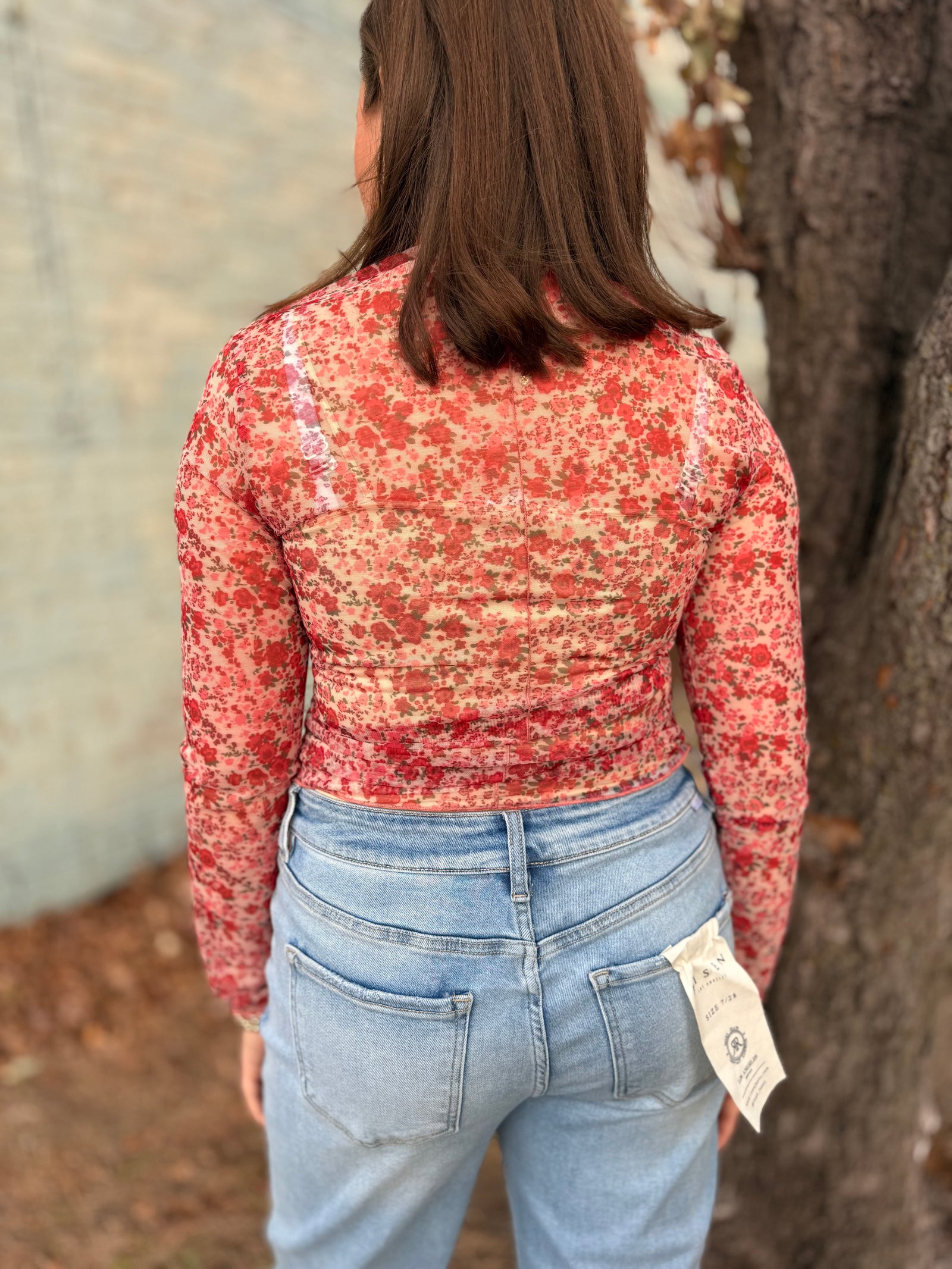 Ivory/Rose Floral Print Mock Neck Mesh Layering Top