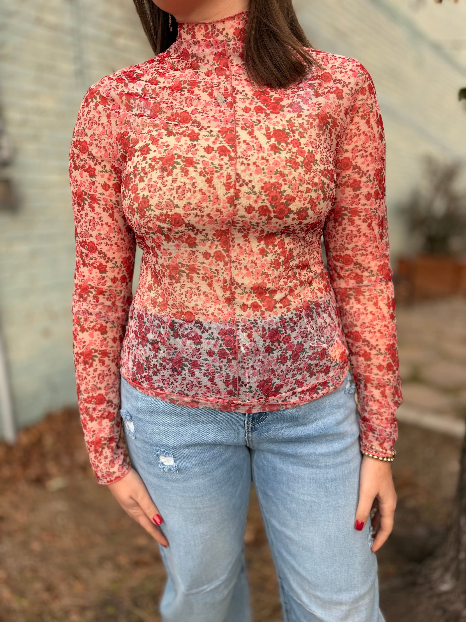 Ivory/Rose Floral Print Mock Neck Mesh Layering Top
