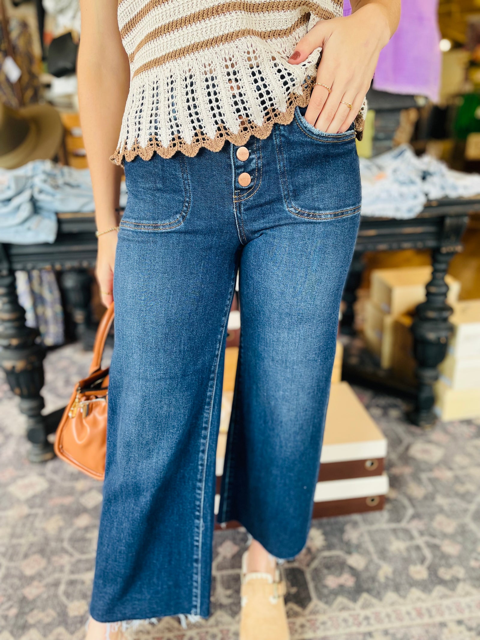 Risen Dark Wash High Rise Button Fly Cropped Jeans