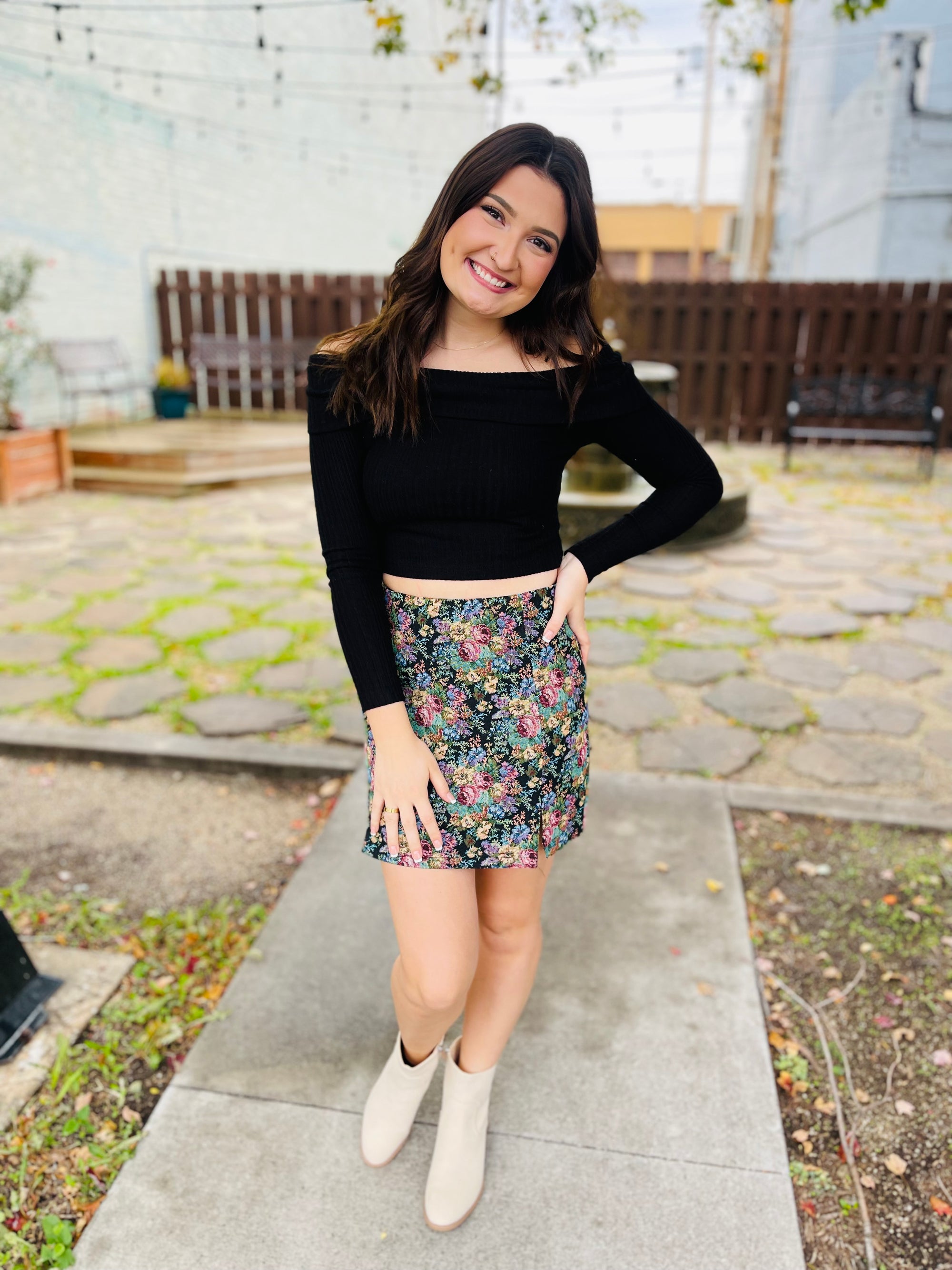 Black Vintage Floral Mini Skirt