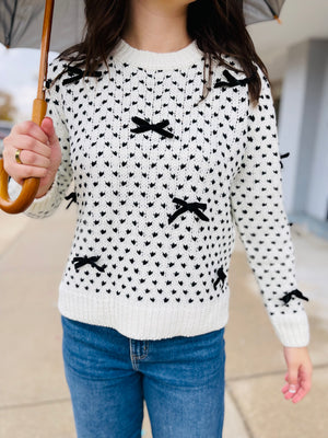 Cream Two Tone Sweater w/ Black Bow Detail