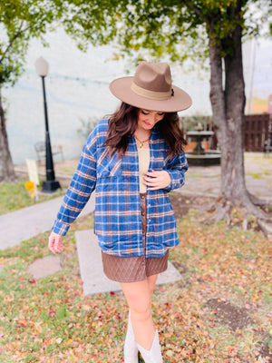 Blue + Brown Plaid Shacket w/ Pockets