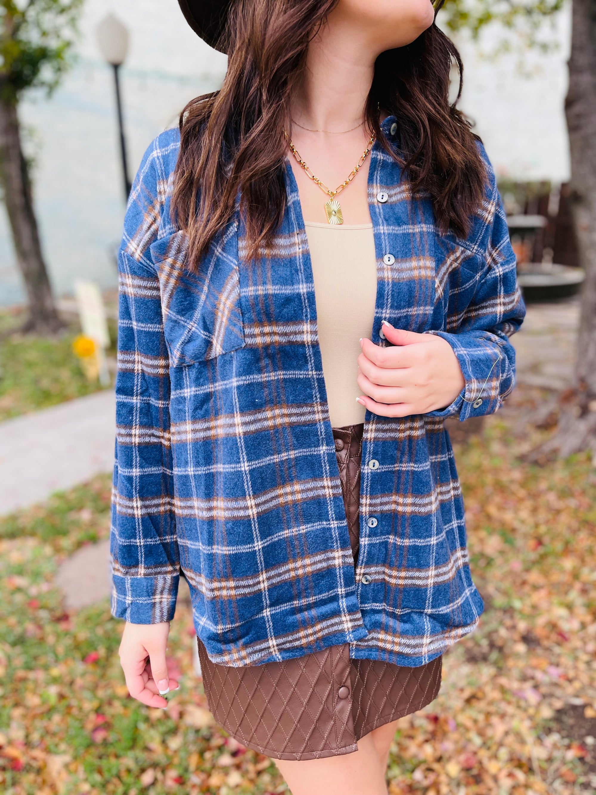 Blue + Brown Plaid Shacket w/ Pockets