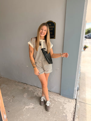 Black Stripe Short Sleeve Button Henley Knit Top