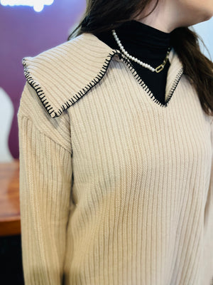 Oat Ribbed Wide Collar Sweater w/ Black Hem