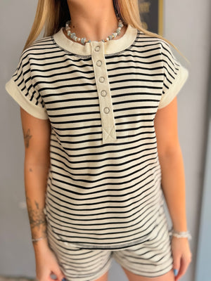 Black Stripe Short Sleeve Button Henley Knit Top