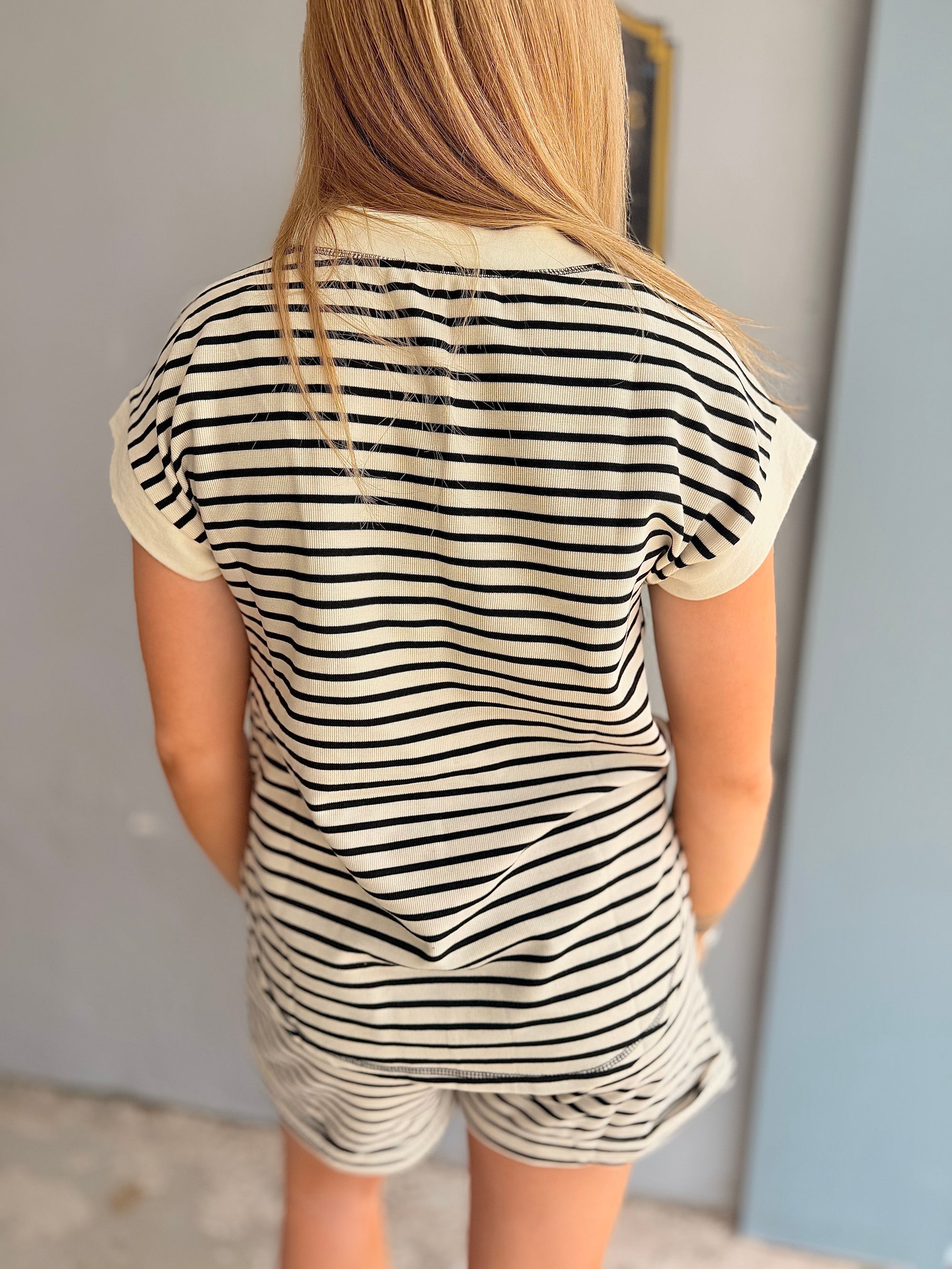 Black Stripe Short Sleeve Button Henley Knit Top