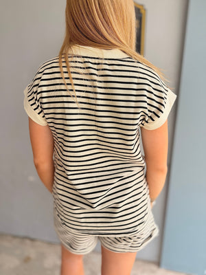 Black Stripe Short Sleeve Button Henley Knit Top