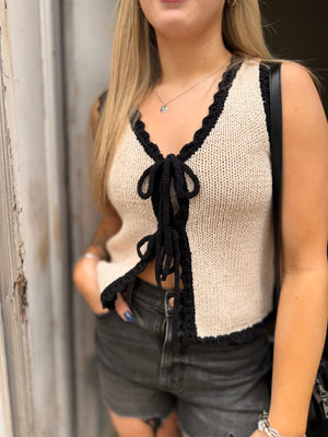 Oatmeal Double Tie Knit Vest w/ Black Trim