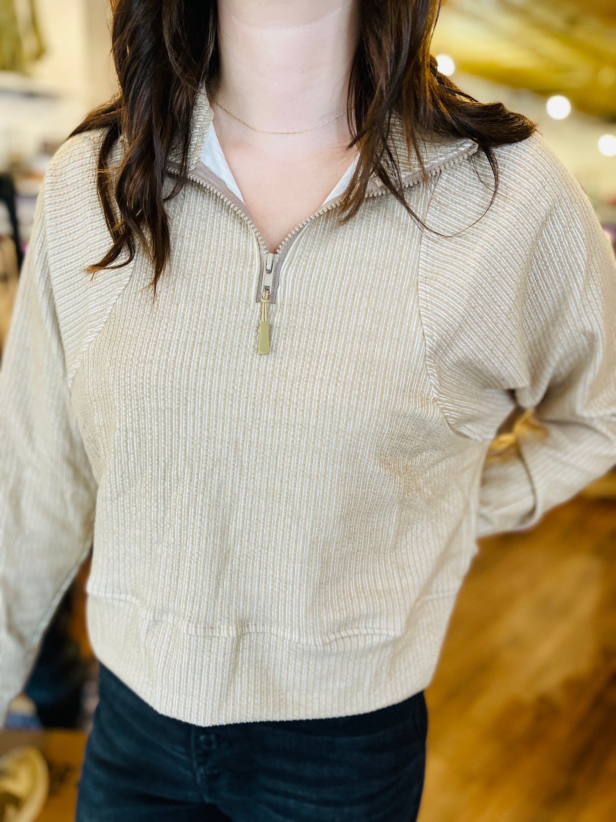 Sand Striped Textured Half Zip Pullover