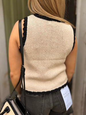 Oatmeal Double Tie Knit Vest w/ Black Trim