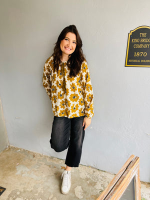 Mustard + Cream Floral Print Blouse w/ Ruffle Detail