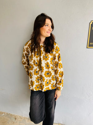 Mustard + Cream Floral Print Blouse w/ Ruffle Detail