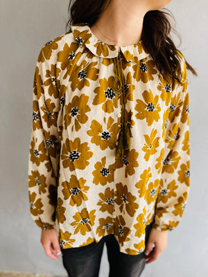 Mustard + Cream Floral Print Blouse w/ Ruffle Detail