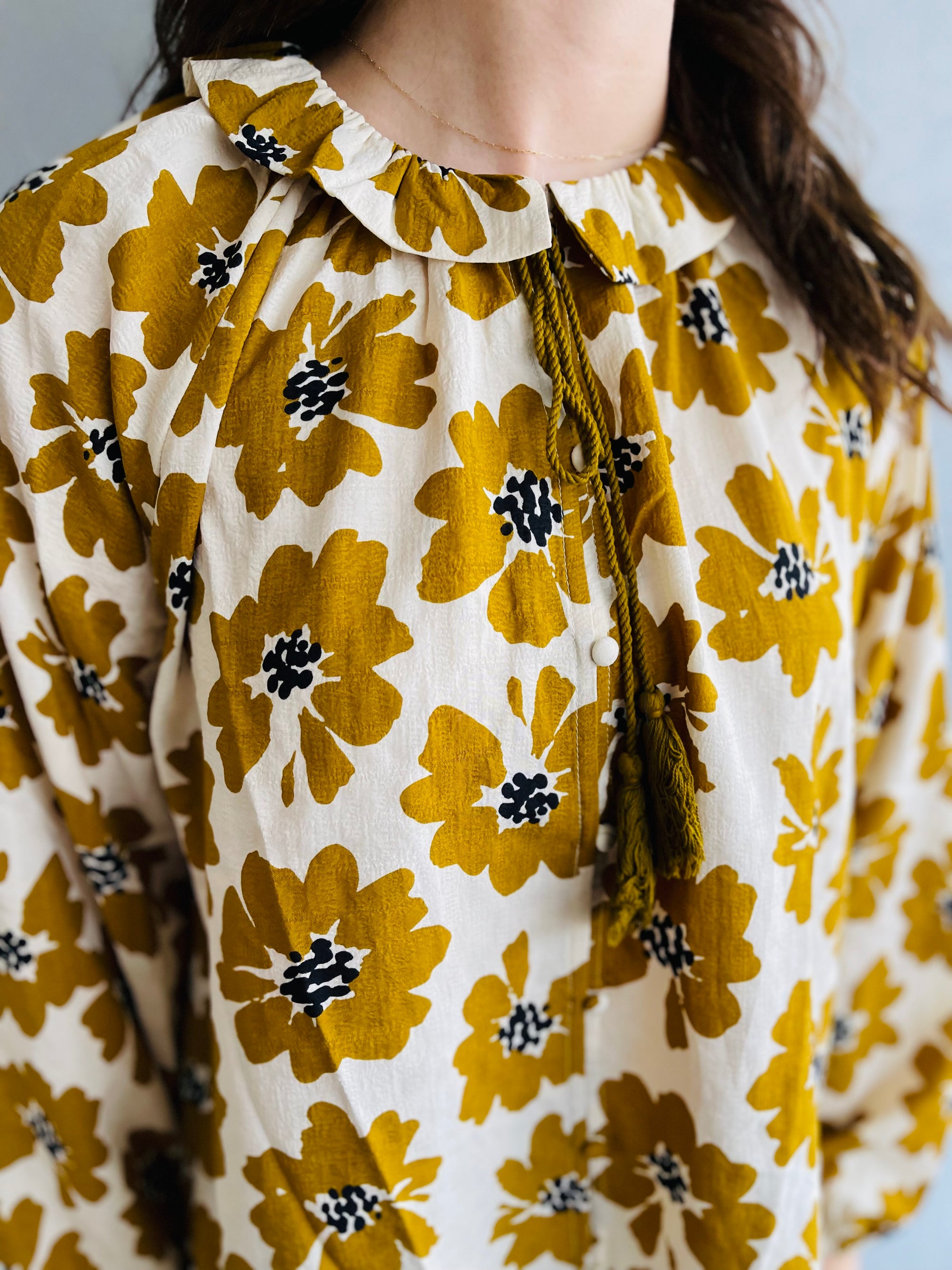 Mustard + Cream Floral Print Blouse w/ Ruffle Detail