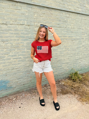 Red American Flag Crochet Knit Sweater Top