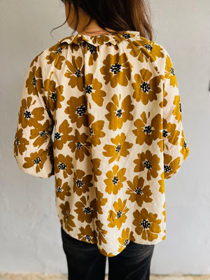 Mustard + Cream Floral Print Blouse w/ Ruffle Detail