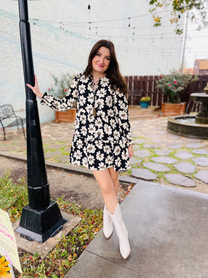 Black Floral Print Tiered Long Sleeve Dress