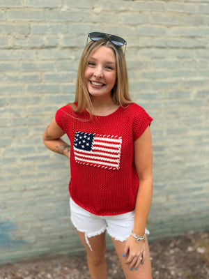 Red American Flag Crochet Knit Sweater Top