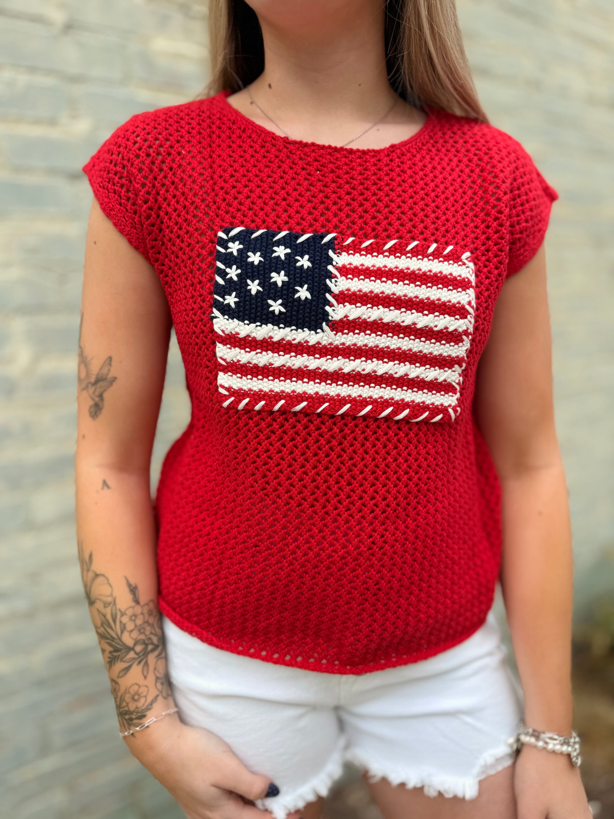 Red American Flag Crochet Knit Sweater Top