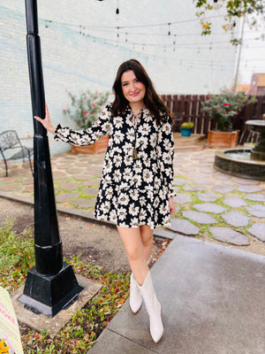 Black Floral Print Tiered Long Sleeve Dress