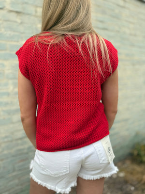 Red American Flag Crochet Knit Sweater Top