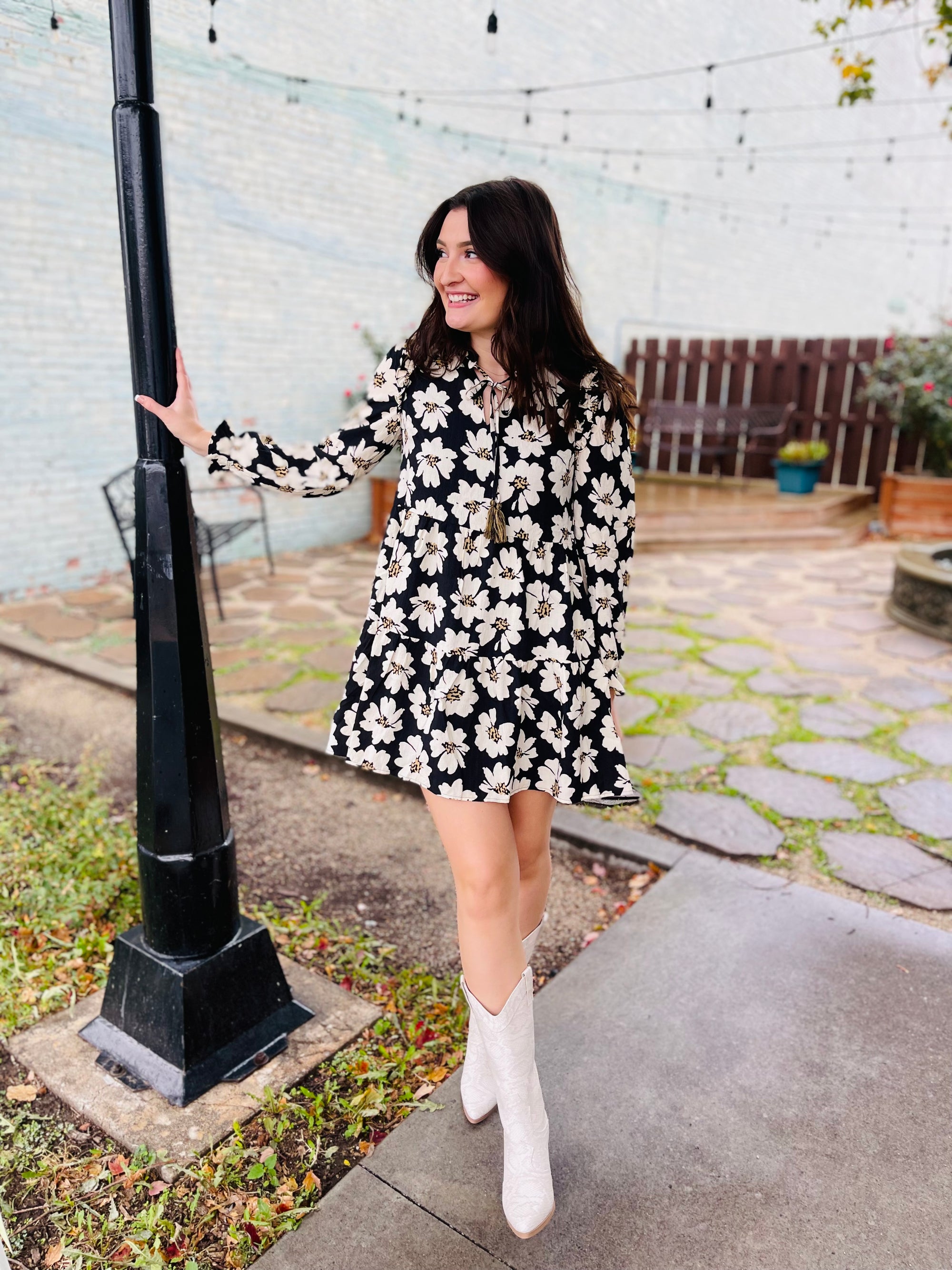 Black Floral Print Tiered Long Sleeve Dress