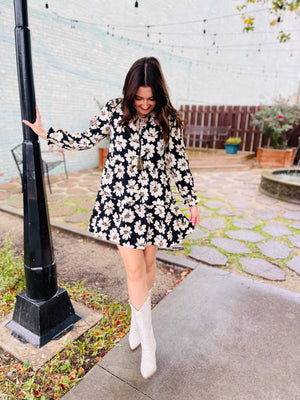 Black Floral Print Tiered Long Sleeve Dress