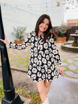 Black Floral Print Tiered Long Sleeve Dress