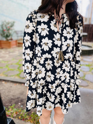 Black Floral Print Tiered Long Sleeve Dress