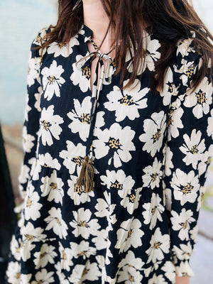 Black Floral Print Tiered Long Sleeve Dress